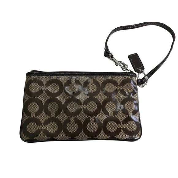 Coach Wristlet Clutch Brown Tan Leather Small Signature C - Picture 3 of 4